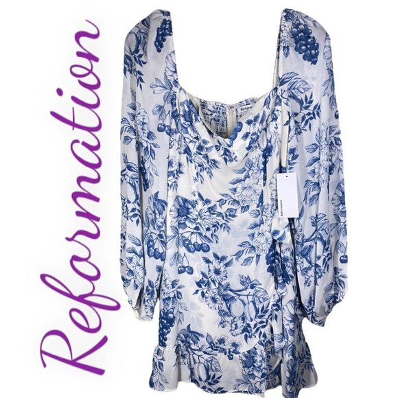 NWT REFORMATION Cammi Ruffle Smocked Mini Dress In Corsica Blue Floral Print, 8 - Picture 6 of 6